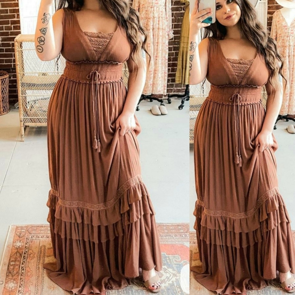 . Picture Perfect Brown Lace Crochet Tie Ruffle Maxi Dress - Picture 2 of 5